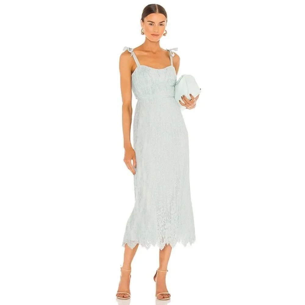 JONATHAN SIMKHAI Bonnie Lace Plisse Strapless Bustier Midi Dress in Tide